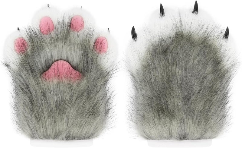 hbbhml Faux Fur Plush Furry Cat Claw Gloves Fursuit Animal Fox Paws Mittens Halloween Cosplay Costume Accessories for Adult - Image 1
